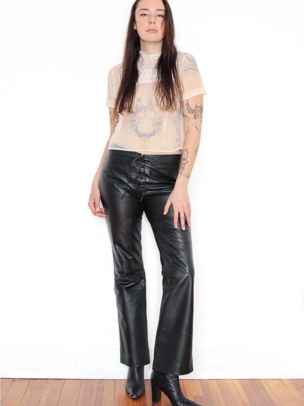 Vintage Y2K Ralph Lauren Black Leather Pants Flare Lace Up Corset Mid Rise 6 32” - Picture 3 of 13